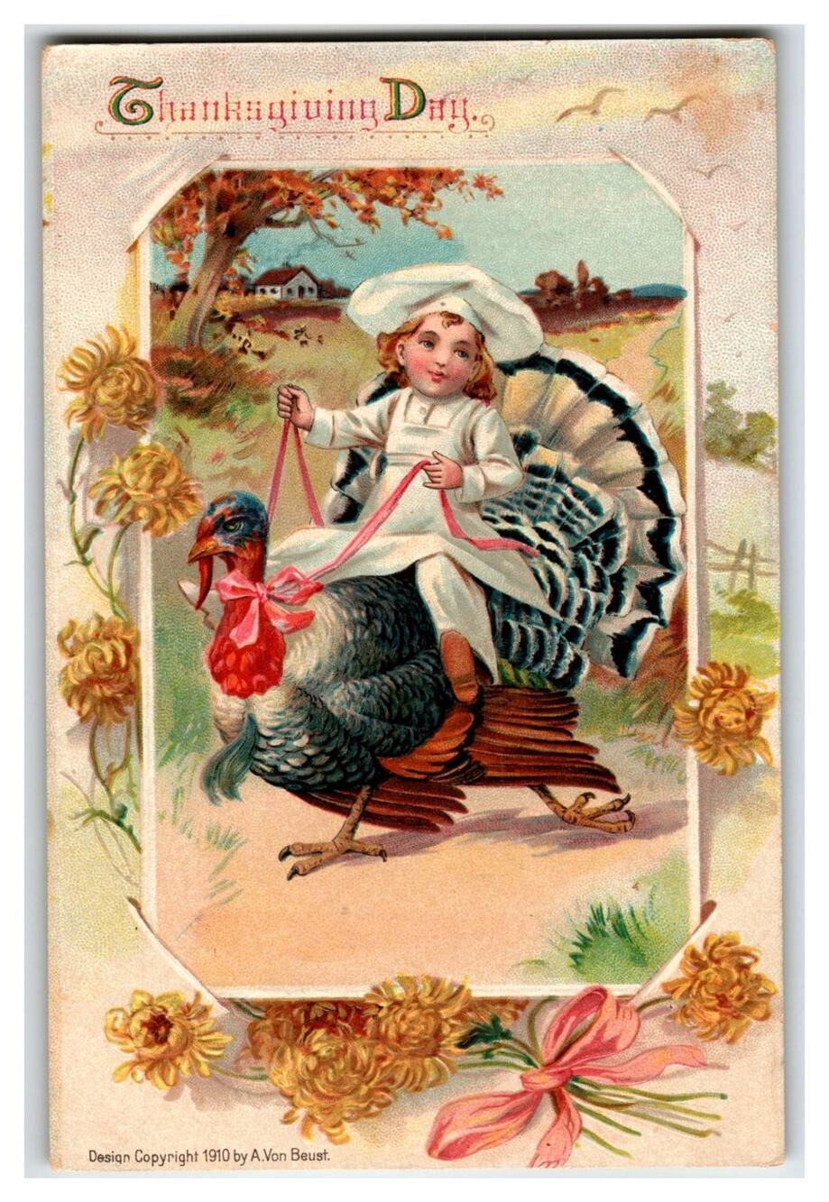 1910 Thanksgiving Postcard Child Chef Riding Turkey Embossed German Print
